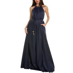 Staud Benoit Embellished Nylon Maxi Dress blue gold Sz M
